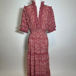 NWT Max Studio Red Floral Prairie Peasant Ruffle Tiered Maxi Dress Womens Sz XL